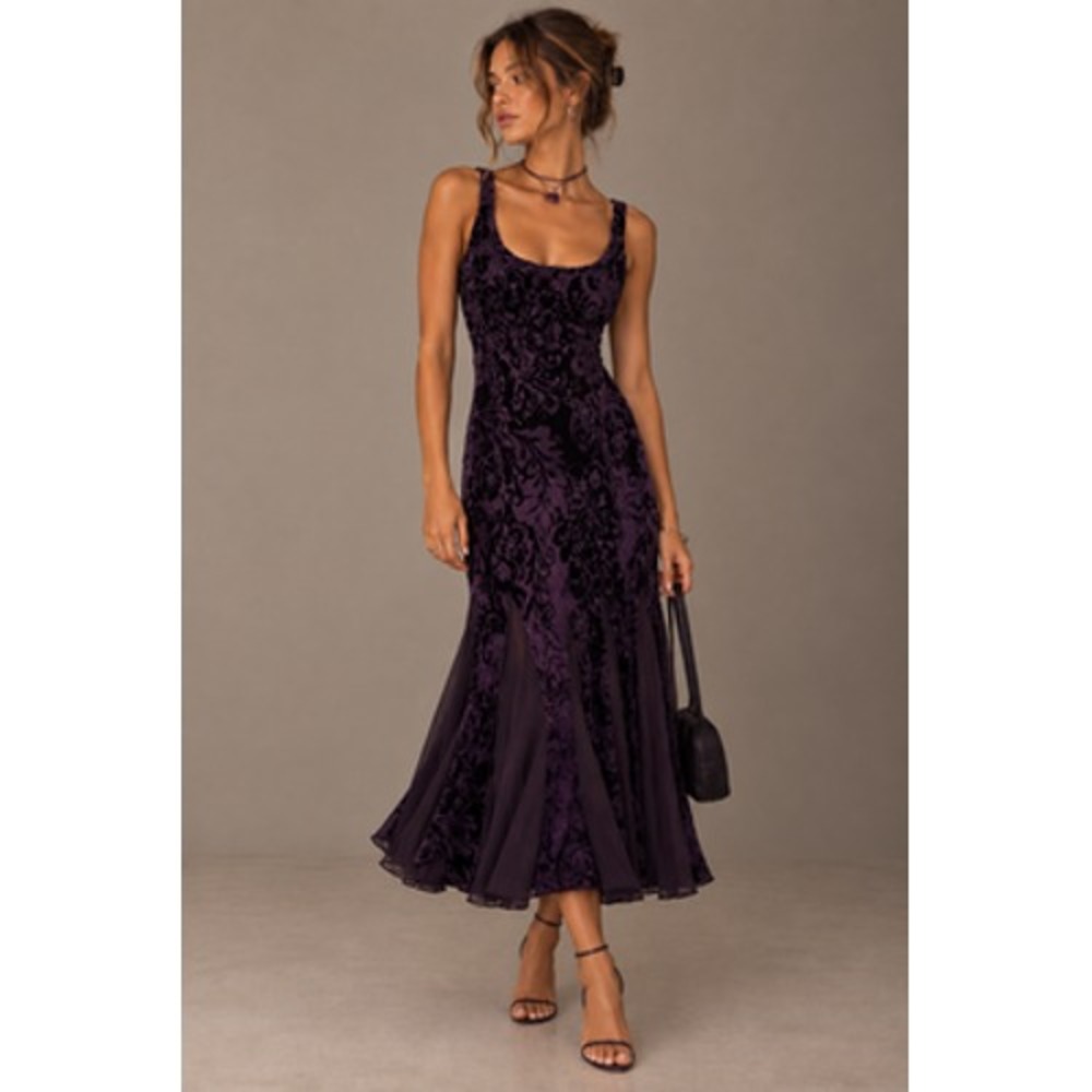 Y2K Whimsigoth Dress Womens 2P Purple Velvet Beaded Floral Prom Fairy Grunge